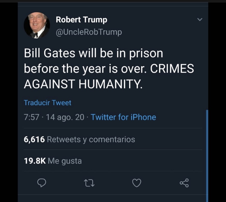 Tuit de cuenta a nombre de Robert Trump en la que se menciona que Bill Gates sería preso por crímenes contra la humanidad