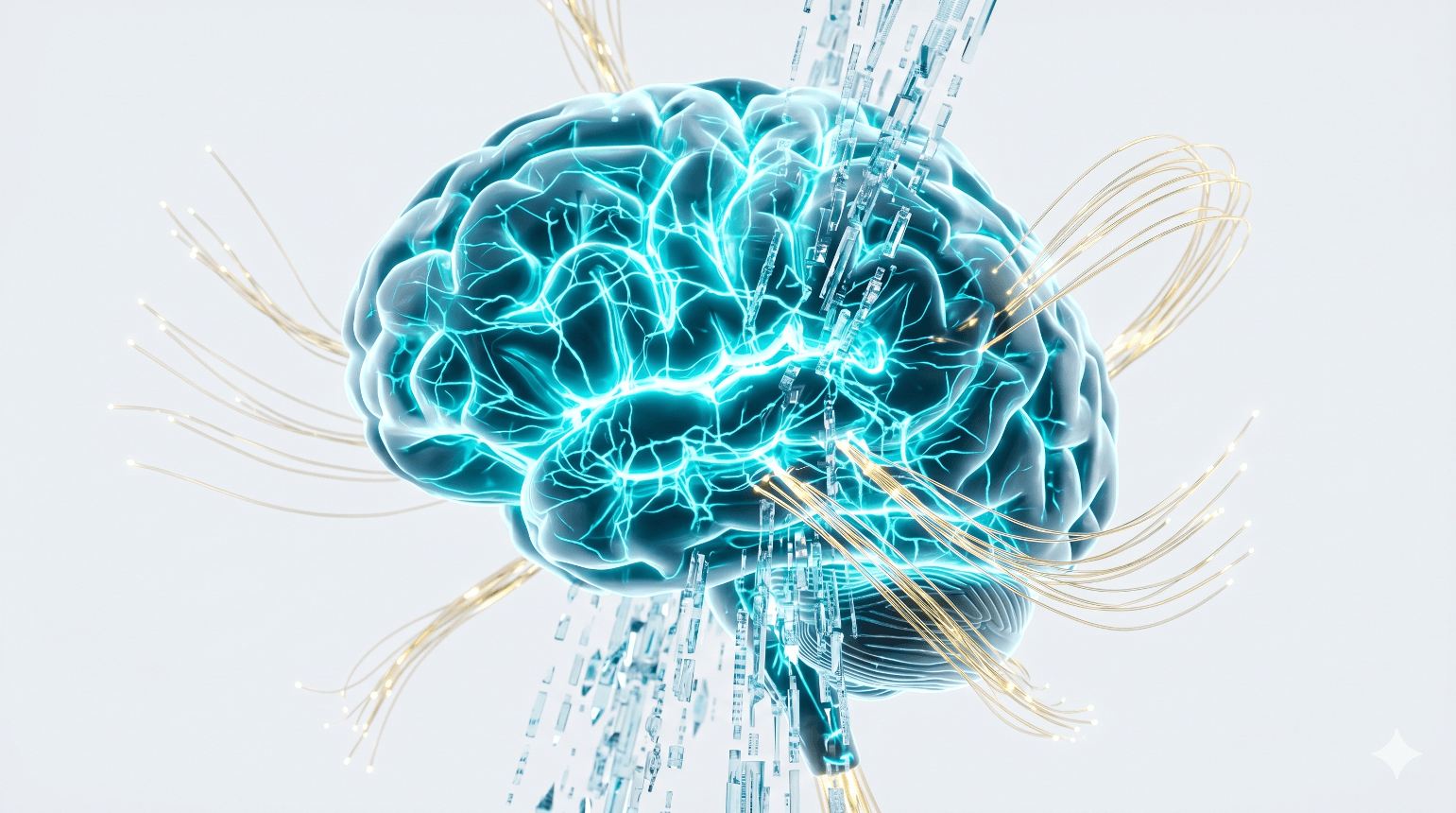 Ilustración de un cerebro humano en expansión conectándose con flujos de datos y la luz de Urano